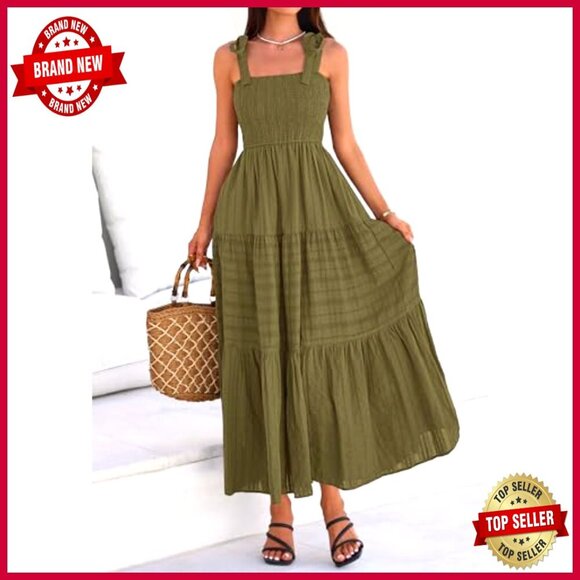 Boho Maxi Dress Sleeveless Smocked A-Line Sundress with Pockets Summer Casual - Picture 6 of 7